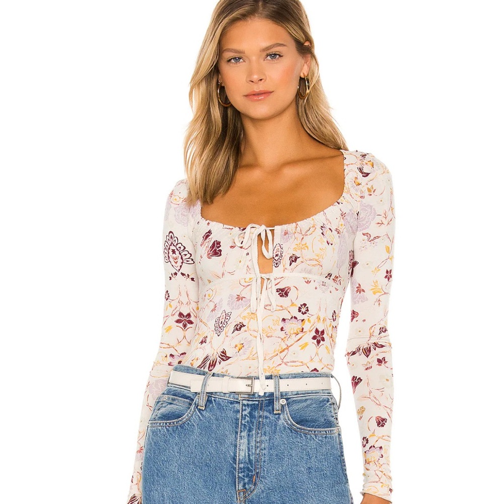 NWT Free People Cream Floral Tie-Front Fitted Top